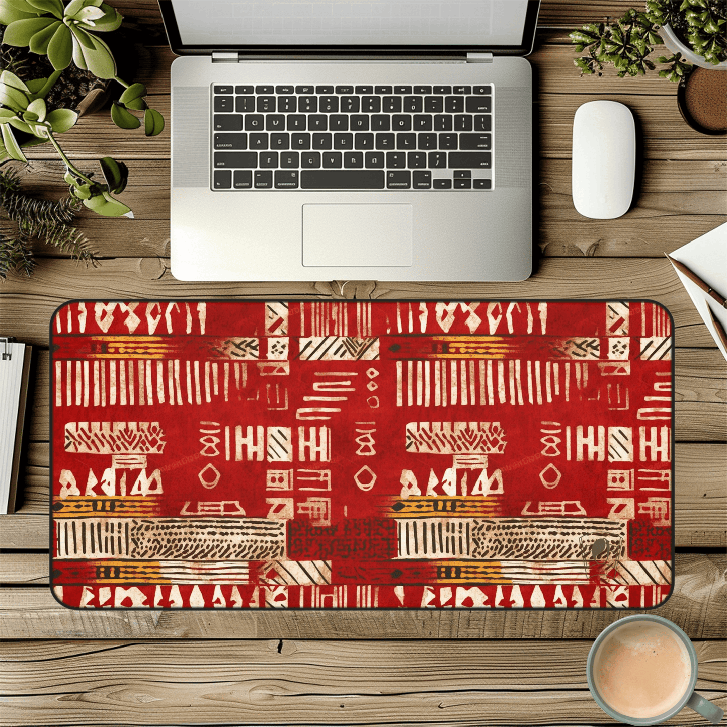 Red Echoes African Print Desk Mat/Mousepad, Mud Cloth Office Décor